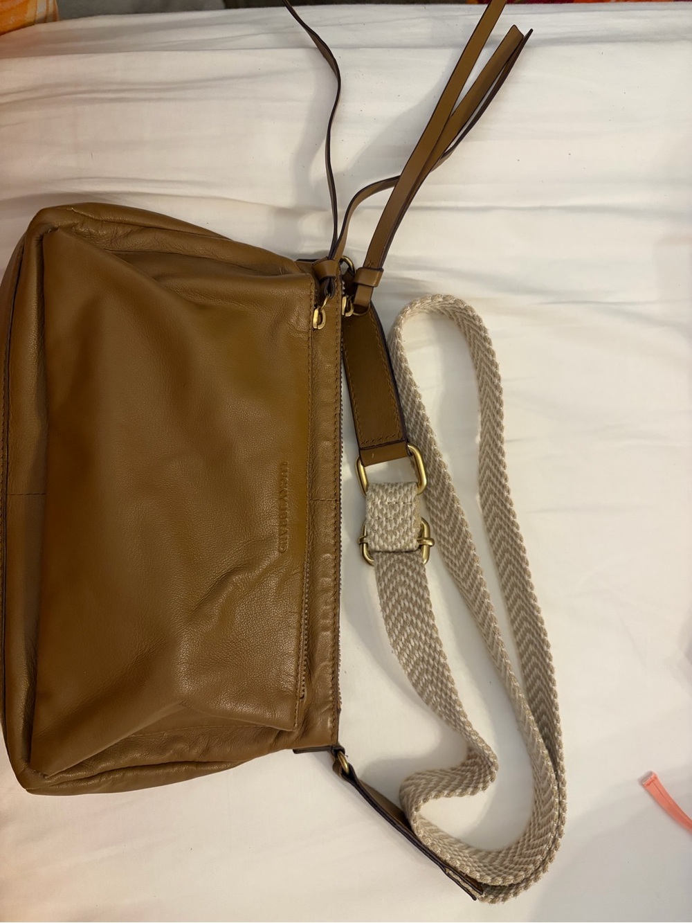 Lucky Brand Camel Tan Leather Crossbody with Woven Cream Strap